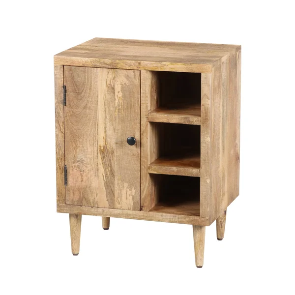 The Urban Port Transitional Mango Wood Side Table with Open Cubbies and Door Storage, Natural Brown
