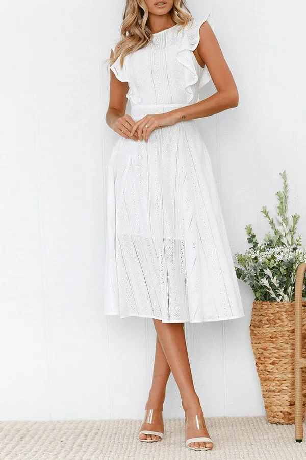 Elegant Flounce Lace Design Mid Calf Dress(2 Colors) XL, Blue
