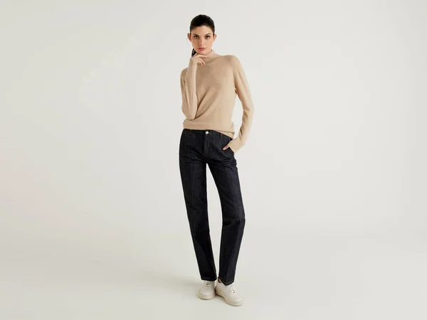 Benetton, Beige Turtleneck Sweater in Pure Merino Wool Customizable, Size M, Beige, Women