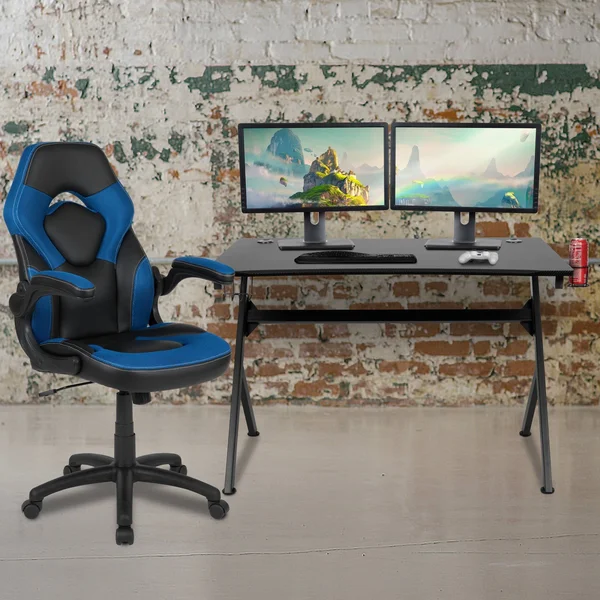 Flash Furniture Black Gaming Desk and Blue and Black Racing Chair Set with Cup Holder, Headphone Hook & 2 Wire Management Ho