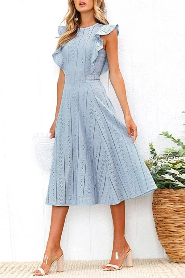 Elegant Flounce Lace Design Mid Calf Dress(2 Colors) XL, Blue