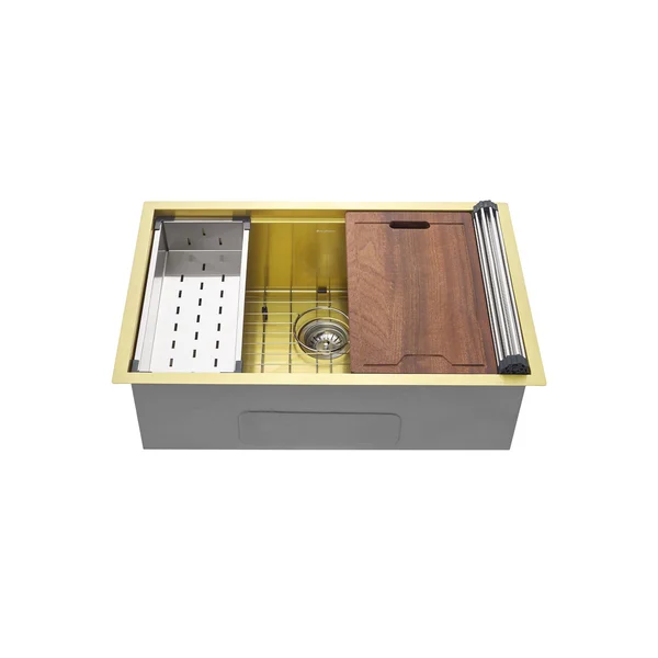 Tourner 30x22 x 19x22 Stainless Steel - Single Basin, Undermount Kitchen Workstation Sink in Gold