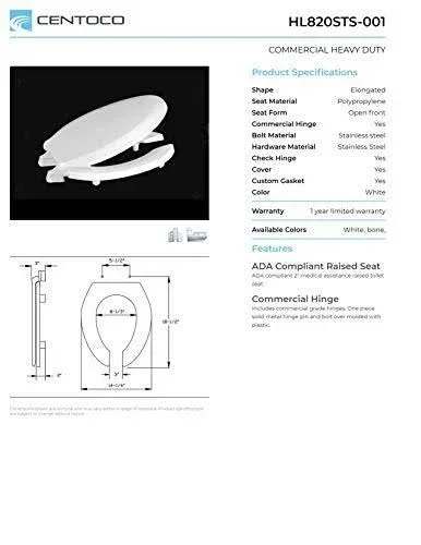 Centoco HL820STS-001 Plastic Elongated Toilet Seat with Open Front, White