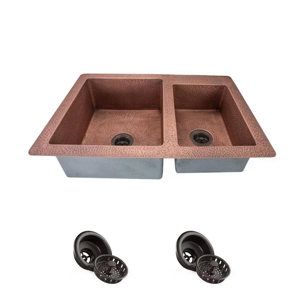 Mr Direct 901 Offset Double Bowl Copper Sink Ensemble Strainers