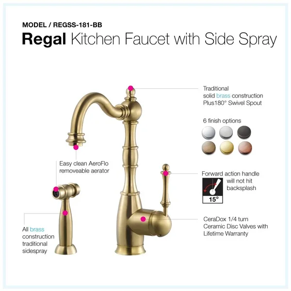 Houzer Regal Traditional Kitchen Faucet with Sidespray and CeraDox Technology, Brushed Brass (regss-181-bb)