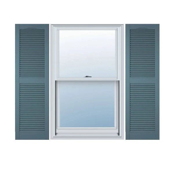 12 inchw x 84 inchh Lifetime Vinyl, Custom Straight Top Center Mullion, Open Louver Shutters, Wedgewood Blue