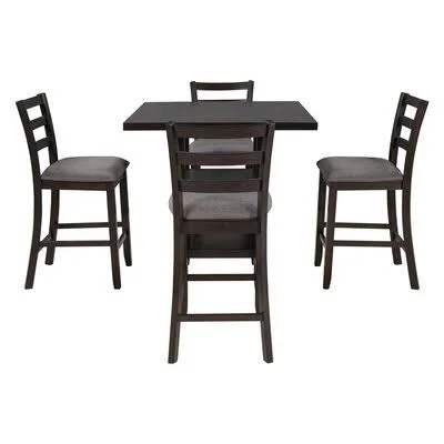 5-Piece Wooden Counter Height Dining Set - Square Dining Table with 2-Tier Storage Shelving and 4 Padded Chairs, Espresso August