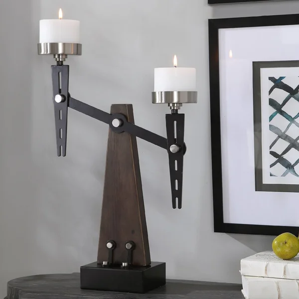 23x22 Industrial Style Wood and Metal Candle Holder with Candles
