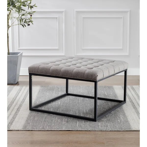 WOVENBYRD 28x22 Square Button Tufted Metal Ottoman - Black