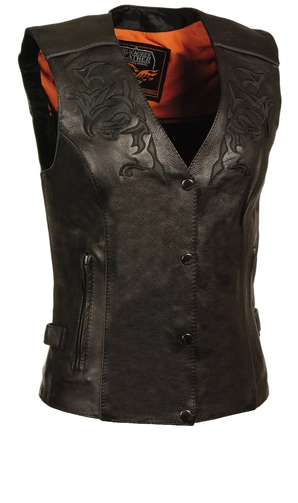 Milwaukee Leather Womens Leather Vest Reflective Tribal Design, Piping, Black
