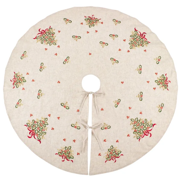 Saro Lifestyle XM641.N56R Embroidered Holly Design Decorative Linen Blend Christmas Tree Skirt - Natural