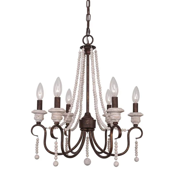 Five Oaks Furniture Modern Farmhouse 6-Light Rustic Wood Beaded Chandelier