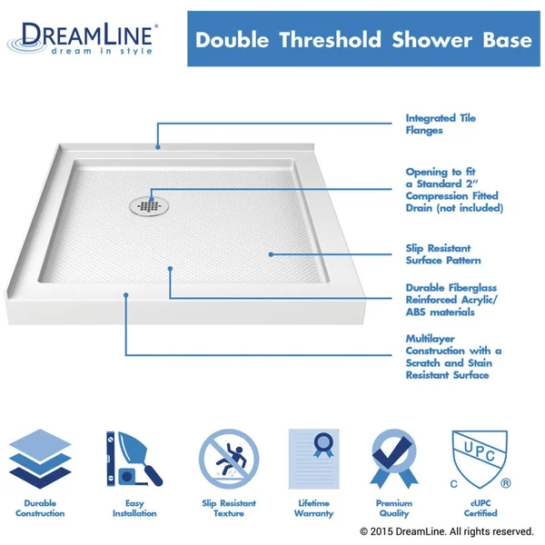 DreamLine DLT-1032320 Slimline 32x22 x 32x22 Double Threshold Shower Base