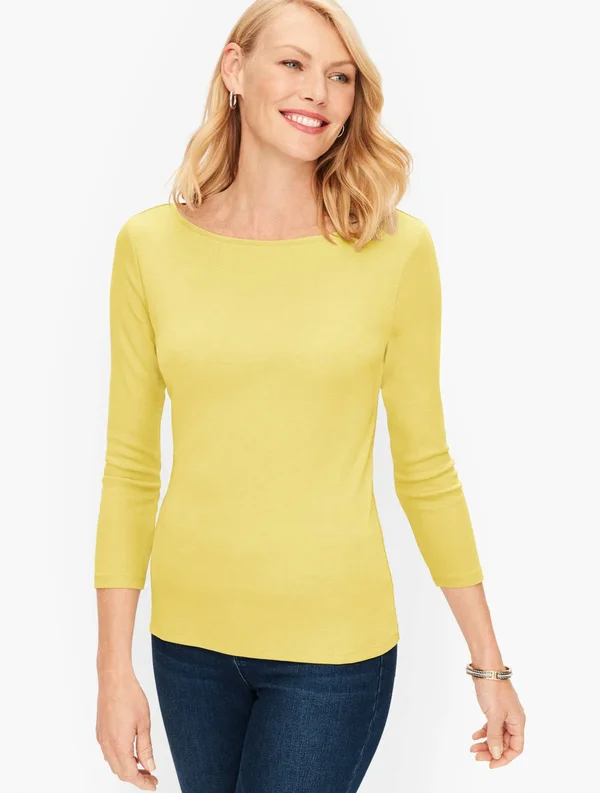 Cotton Bateau Neck T-Shirt - Lemon Chiffon - XL Talbots