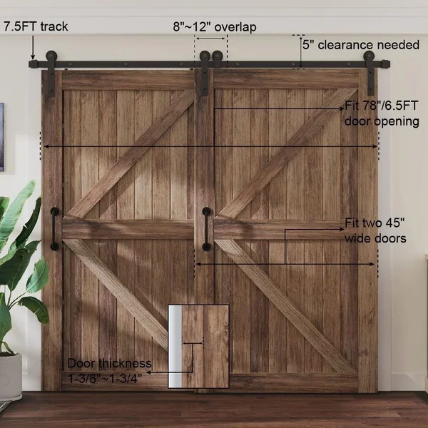 winsoon 7.5 ft./90 in. Single Track Bypass Sliding Barn Door Hardware Kit for Double Doors Low Ceiling - Frosted Black