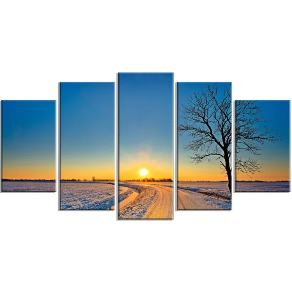 Design Art 'Distant Sunset in Winter' Photographic Print on Wrapped Canvas, Size: 20 inch H x 40 inch W x 1 inch D, Yellow