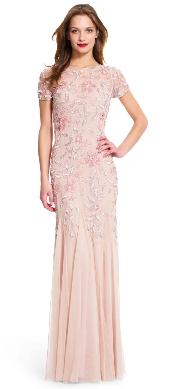 Adrianna Papell Floral-Beaded Gown - Blush