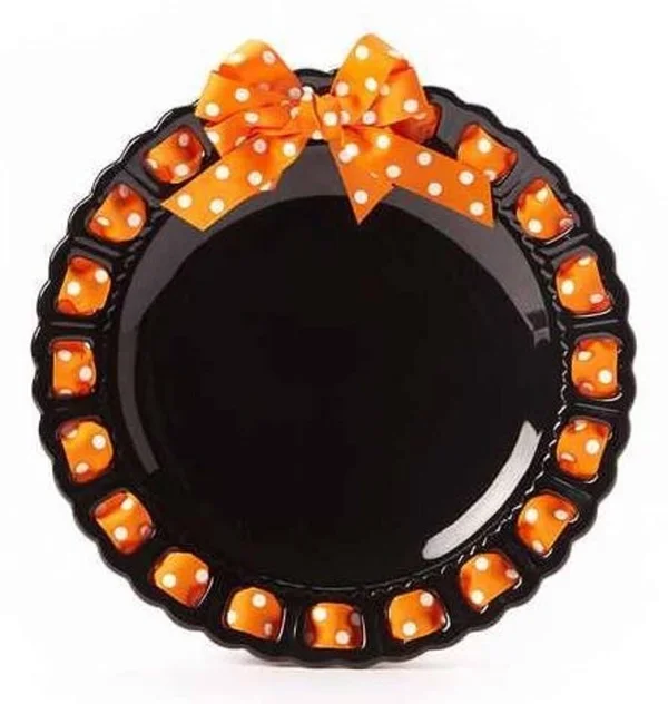 12x22 Round Black Ceramic Ribbon Plate with Orange and White Polka-Dot Ribbon