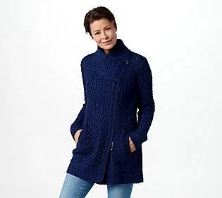 Aran Craft Pet Merino Wool Long Asymmetric Zipfront Sweater, Size X-Large, Midnight
