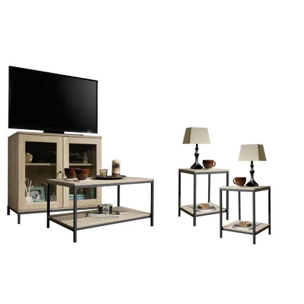 Home Square 4 Piece Living Room Set with Storage TV Stand, Coffee Table, and Set of 2 End Tables in Charter Oak