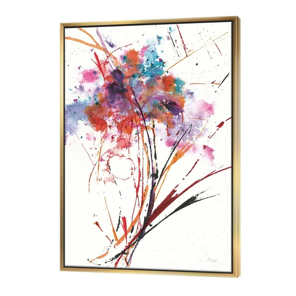 Designart 'Abstract Red Flowers' Traditional Framed Canvas - Multi-Color - 16 in. Wide x 32 in. High - Gold