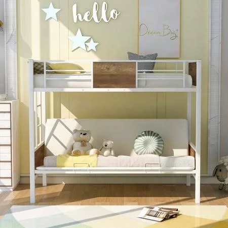 Twin-Over-Futon Couch and Bed - Metal Bunk Bed Twin Over Full Futon with Guardrails and Ladder, White, Size: 77.4