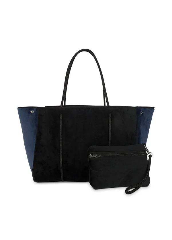 Haute Shore Greyson Plush Tote Purse Black Velvet - Navy Sides Bag