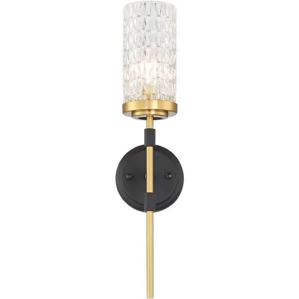 Possini Euro Design Darin Modern Wall Light Sconce Black Brass Hardwired 19x22 High Fixture Faceted Cylindrical Glass for Bedroo