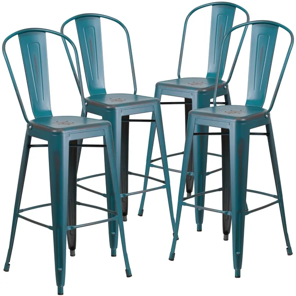 Flash Furniture 4 Pk. 30&& High Distressed Metal Indoor-Outdoor Barstool with BACK - Yellow