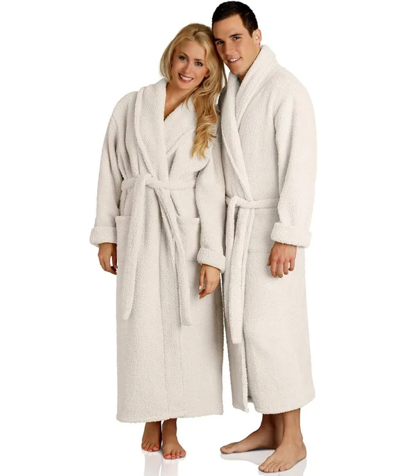 Plush Microfiber Robe - Soft Warm Fleece - Comfortable - White, L