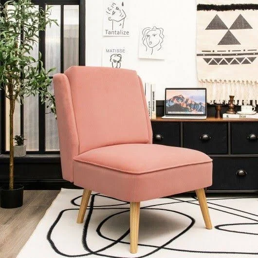 Velvet Accent Chair with Rubber Wood Legs for Living Room-Pink, Costway