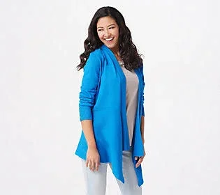 Susan Graver Rayon Nylon Sweater Cardigan with Button Detail, Size Large, Simply Blue