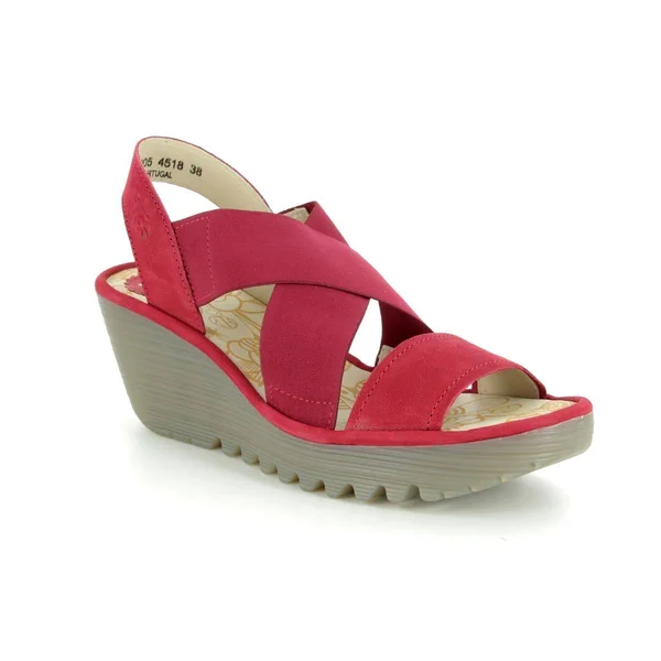 Fly London P500888 Yaji Red Leather Womens Wedge Sandals
