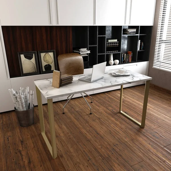 Roomfitters White Faux Marble Print Writing Desk (Gold) - Powder Coated