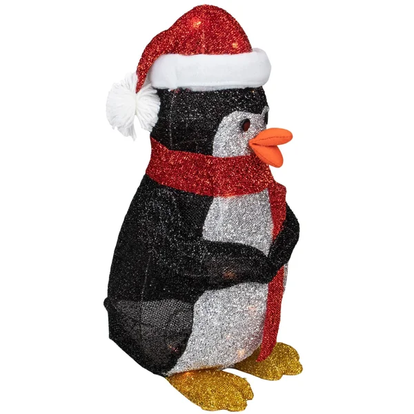 Northlight 19.5x22 Lighted Tinsel Penguin with Santa Hat Christmas Yard Art Decoration