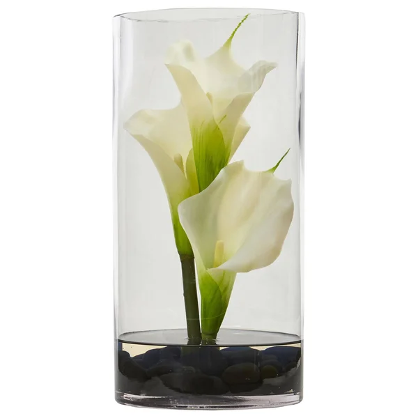 Nearly Natural 12x22 Calla Lily Artificial Arrangement in Cylinder Glass - Cream