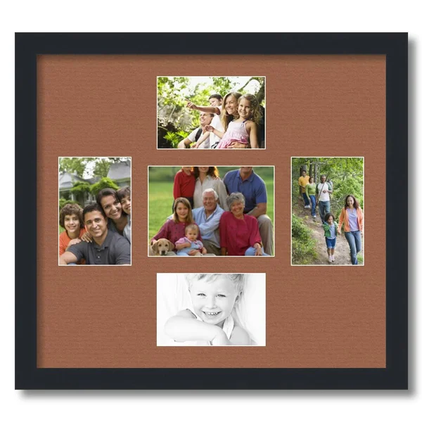 Collage Picture Frame - Satin Black Frame with 5 openings for 5x7 Photos with Brown Paloma Mat. D3926EA542, ArtToFrames