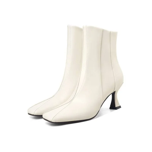 Plain Horse-Shoe Heel Side Zipper Square Toe OL Boots (US 10.5) White by tbdress