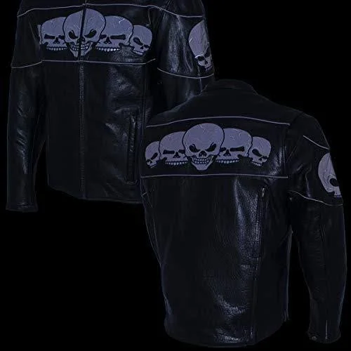 Xelement Bxu6050 Men's &3 Skull Head& Black Leather Motorcycle Jacket with X-Armor Protection - Black, Small