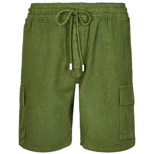 Men Linen Bermuda Shorts Cargo Pockets - Bermuda - Baie - Green - Size XXL - Vilebrequin