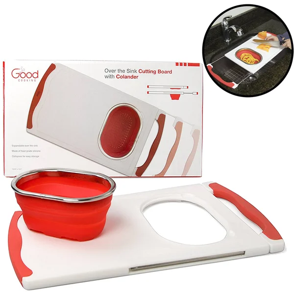 Good Cooking Over The Sink Cutting Board with Collapsible Colander and Extra Long Extension