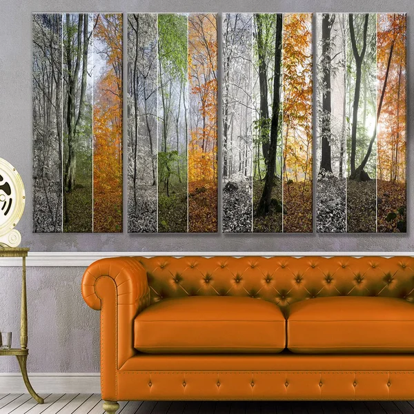 Design Art &Wood Panorama Changing Seasons& 6 Piece Photographic Print Set on Canvas - Orange