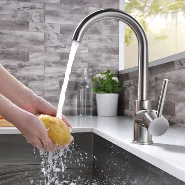 Modern Single Handle Kitchen Sink Faucet - 1 Hole Mounted - Silver