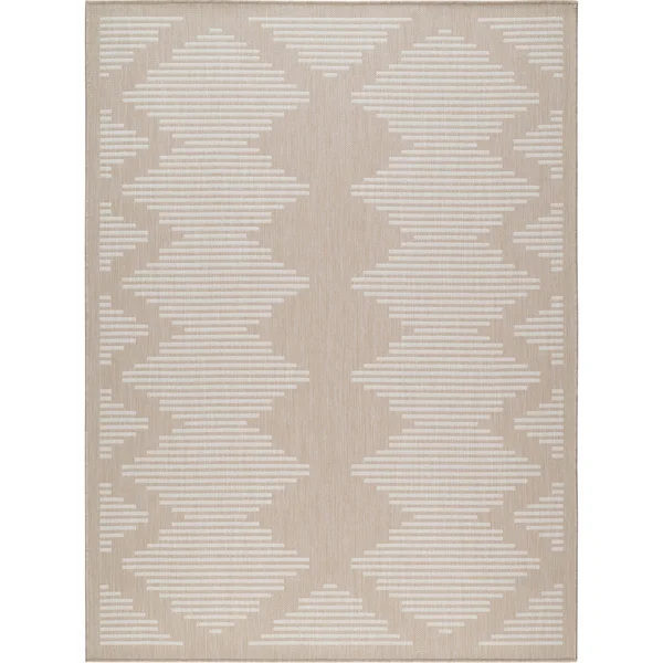 Beverly Rug Waikiki Collection Indoor/Outdoor Stripes Area Rug, Beige, White - WKK20101 - 5'3 x7'0