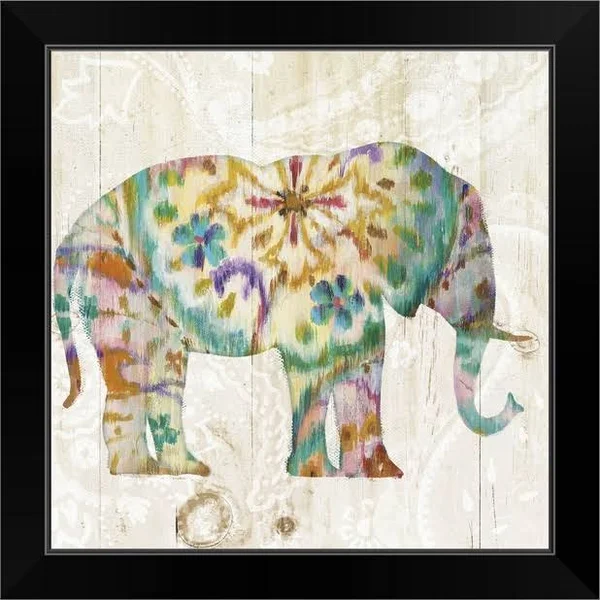 Boho Paisley Elephant I, Black Framed Wall Art, 16x16, Great Big Canvas