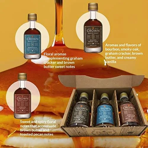 Crowne Maple Syrup Sampler - Classic Trio Maple Syrup Collection and Infused Maple Syrup Trio Bundle Maple Syrup Gift Set Mini M