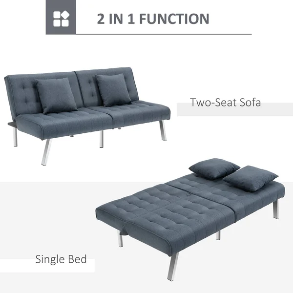 HOMCOM 2-Seater Convertible Sofa Bed with 7 Adjustable Angled Backrest Levels, 2 Pillows, and 5 Steel Legs - Grey
