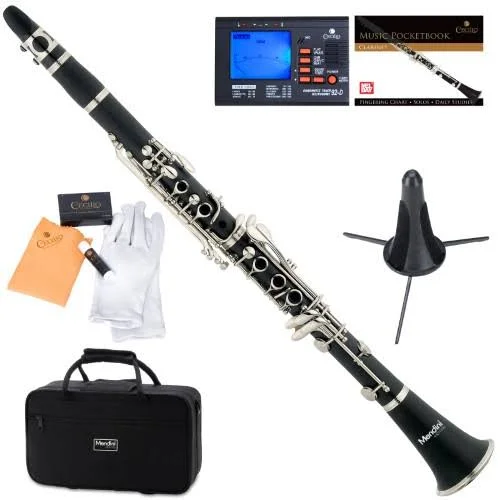 Mendini by Cecilio Black Ebonite Bb Clarinet with Stand - Tuner, 10 Reeds, Pocketbook, Mouthpiece and Case, B Flat MCT-E
