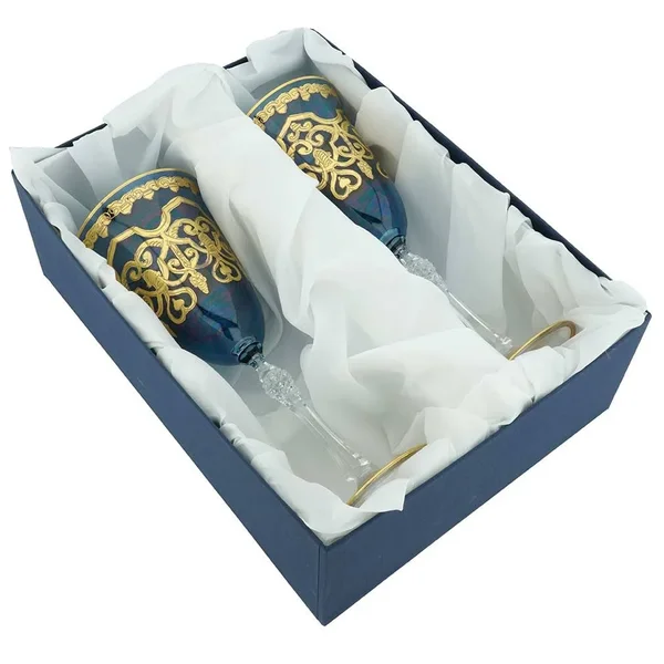 Set of Two Murano Glass Wine Glasses 24K Gold Leaf - Blue