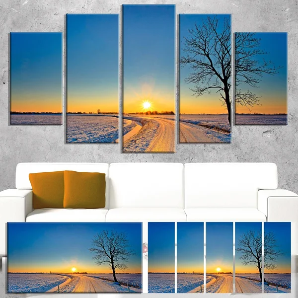 Design Art 'Distant Sunset in Winter' Photographic Print on Wrapped Canvas, Size: 20 inch H x 40 inch W x 1 inch D, Yellow